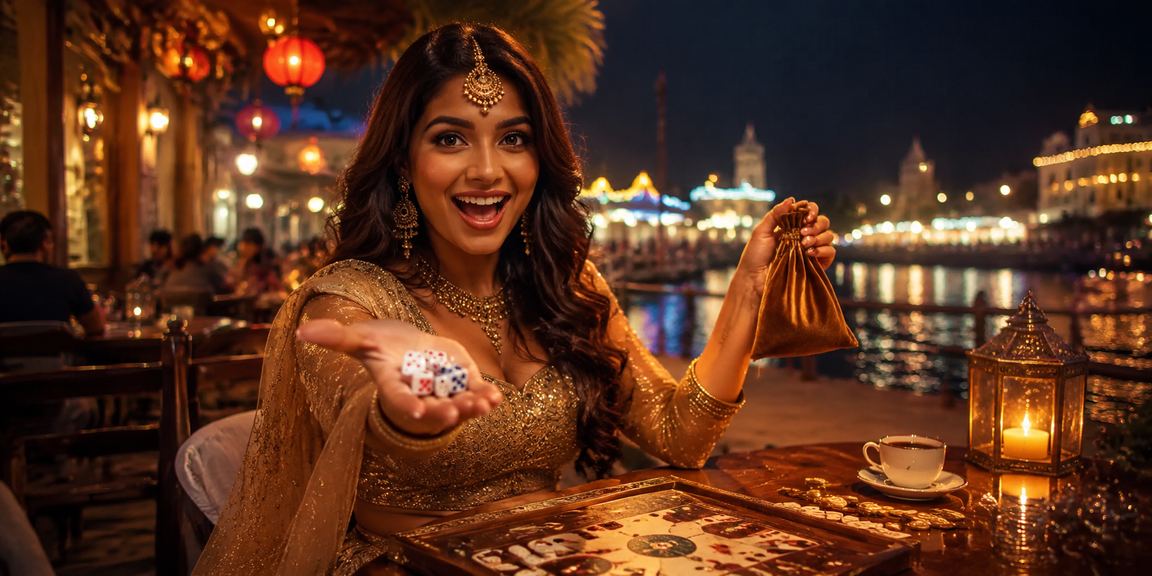 Closeup of hands playing Teen Patti in festive Indian atmosphere